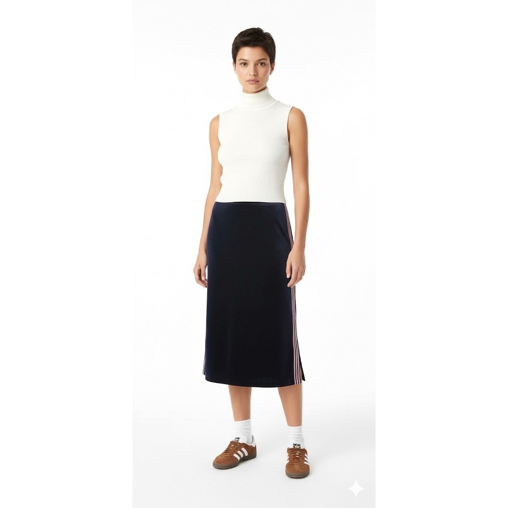 NWT Elie Tahari Velvet Midi Skirt Navy L‎ Side Stripe Office Siren Sporty Chic - Picture 10 of 16